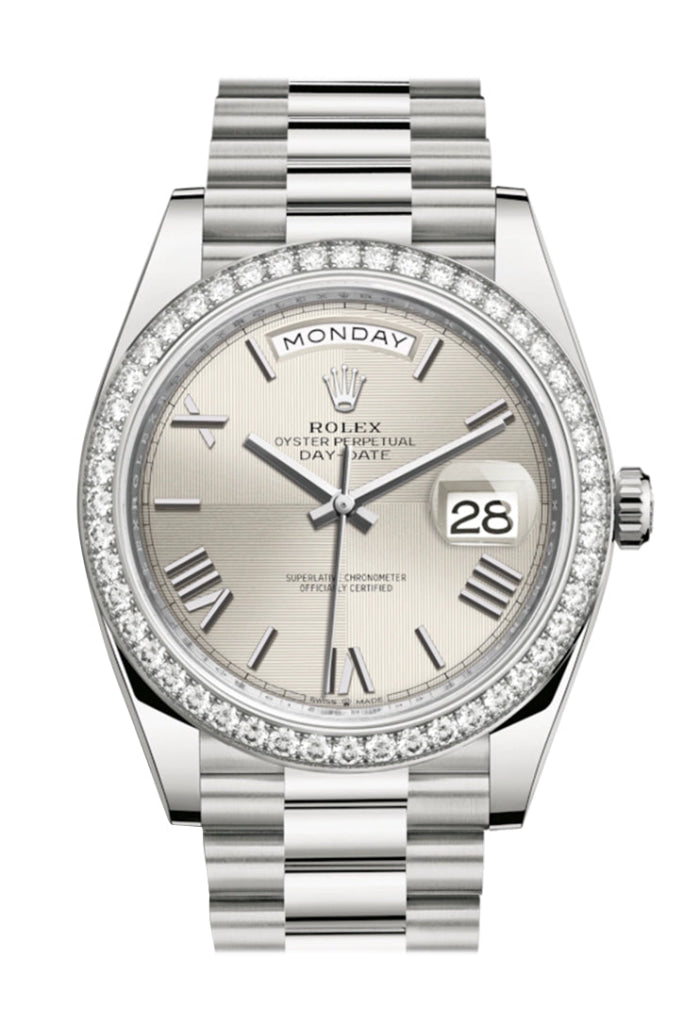 Rolex Day-Date 40 Silver Roman Dial Diamond Bezel White Gold President Automatic Men’s Watch