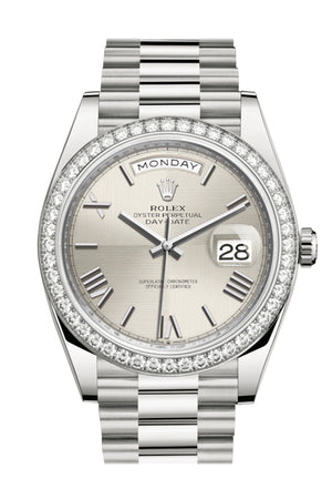 Rolex Day-Date 40 Silver Roman Dial Diamond Bezel White Gold President Automatic Men's Watch 228349RBR DC