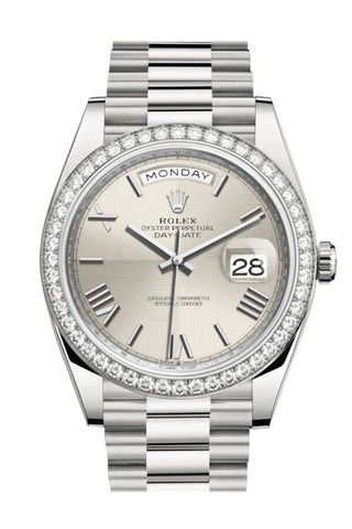 Rolex Day-Date 40 Silver Roman Dial Diamond Bezel White Gold President Automatic Men’s Watch