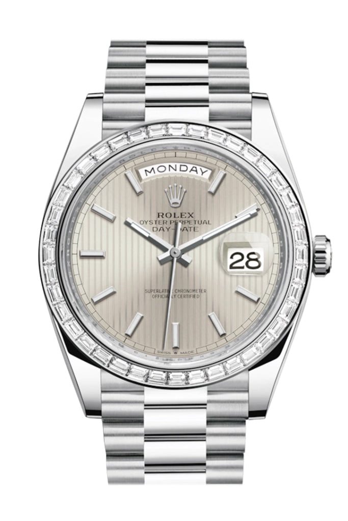 Rolex Day-Date 40 Silver Stripe Motif Dial Baguette Diamond Bezel Platinum President Automatic