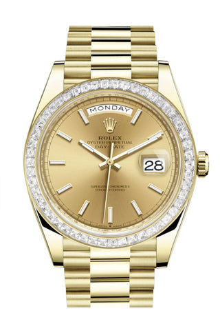 Rolex Day-Date 40 Champagne Dial Baguette Diamond Bezel 18K Yellow Gold President Automatic Men’s