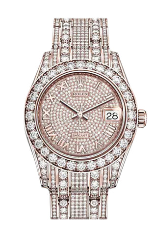 Rolex Pearlmaster 34 Diamond Pave Dial Bracelet 18K Rose Gold Watch 81405Rbr