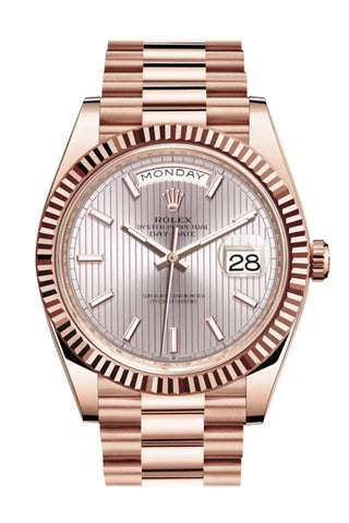 Rolex Day-Date 40 Sundust Stripe Motif Dial Fluted Bezel 18K Everose Gold President Automatic