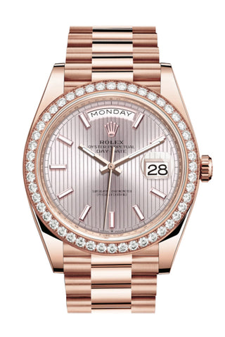 Rolex Day-Date 40 Sundust Stripe Motif Dial Diamond Bezel 18K Everose Gold President Automatic