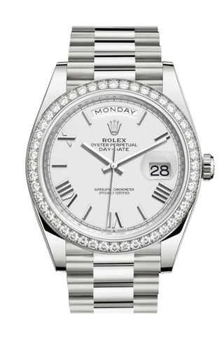 Rolex Day-Date 40 White Roman Dial Diamond Bezel Gold President Automatic Men’s Watch 228349Rbr