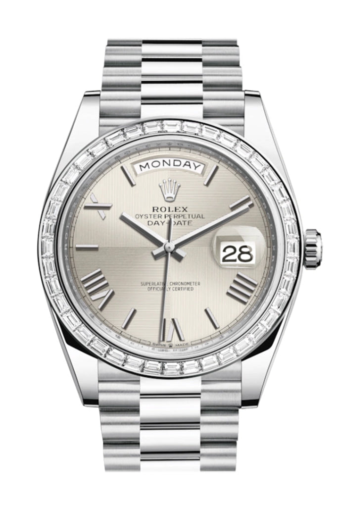 Rolex Day-Date 40 Silver Quadrant Motif Roman Dial Baguette Diamond Bezel Platinum President