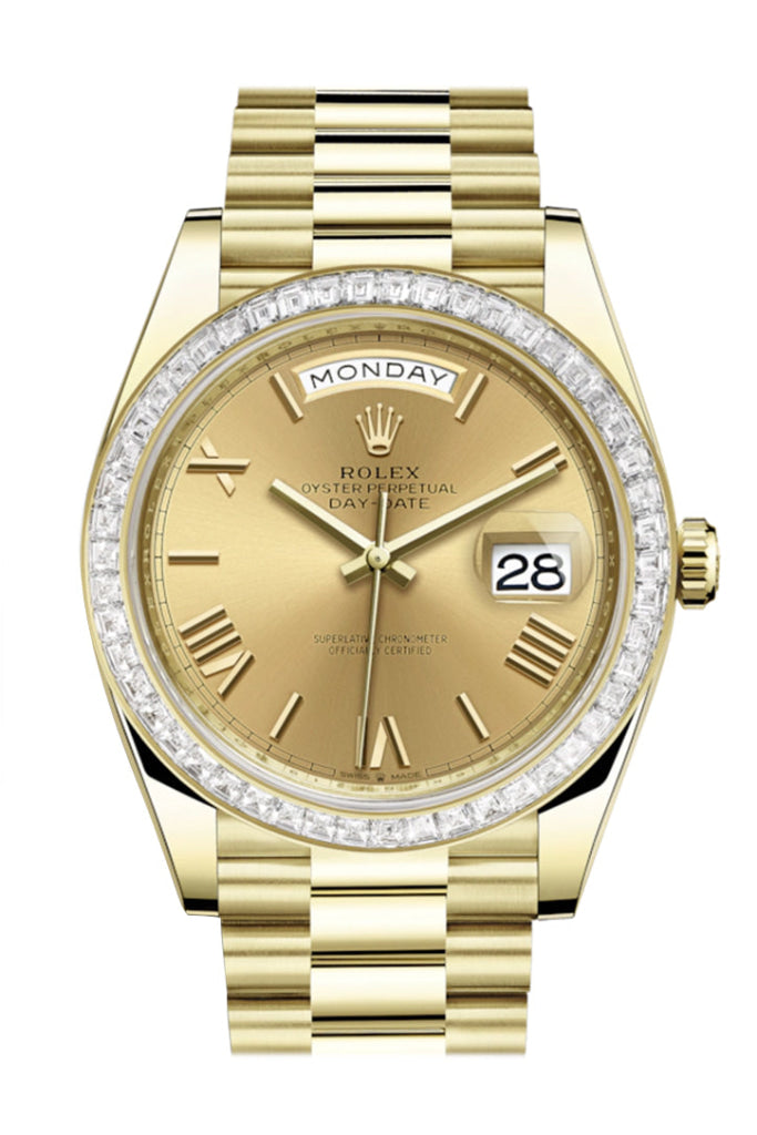 Rolex Day-Date 40 Champagne Roman Dial Baguette Diamond Bezel 18K Yellow Gold President Automatic