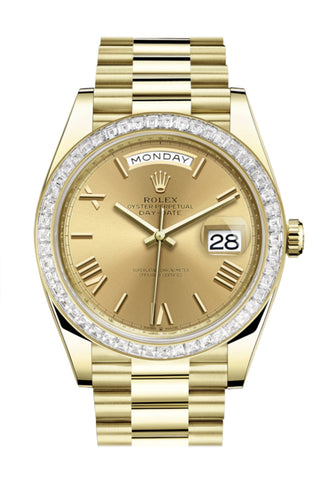 Rolex Day-Date 40 Champagne Roman Dial Baguette Diamond Bezel 18K Yellow Gold President Automatic