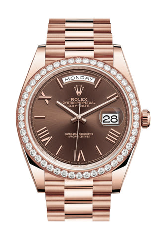 Rolex Day-Date 40 Chocolate Roman Dial Diamond Bezel 18K Everose Gold President Automatic Men’s