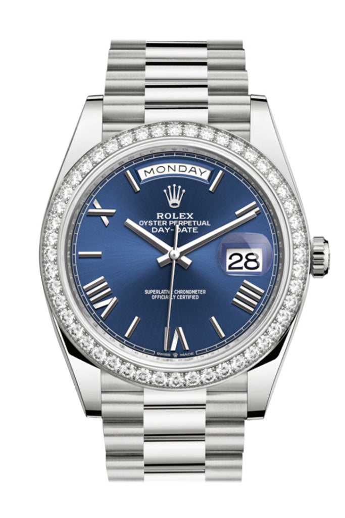 Rolex Day-Date 40 Blue Roman Dial Diamond Bezel White Gold President Automatic Men’s Watch