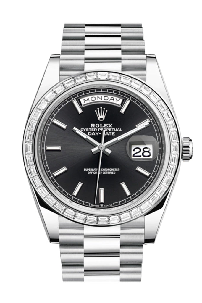 Rolex Day-Date 40 Black Dial Baguette Diamond Bezel Platinum President Automatic Men’s Watch