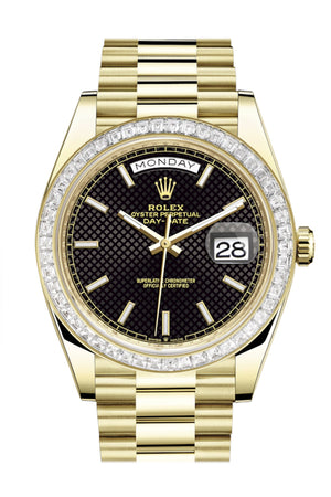 Rolex Day-Date 40 Black Motif Dial 40 Baguette Diamond Bezel 18K Yellow Gold President Automatic Men's Watch 228398TBR 228398