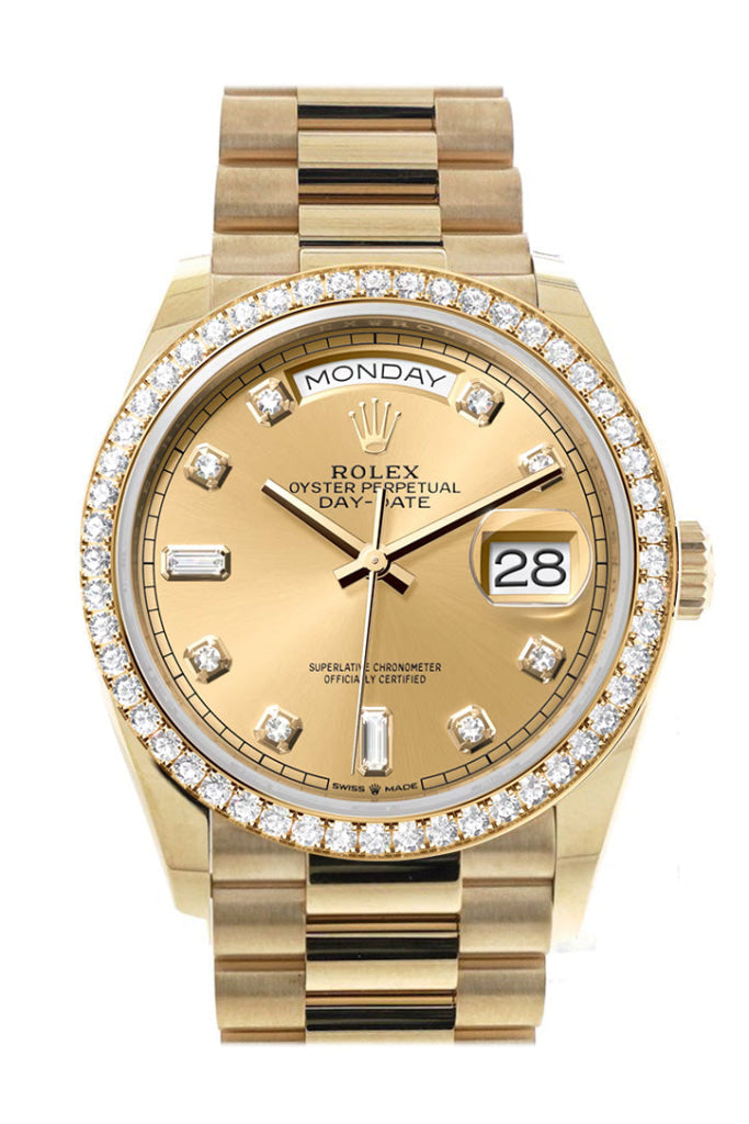 Rolex Day-Date 36 Champagne Diamond Dial Gold Bezel Watch 128348Rbr-0008 128348Rbr