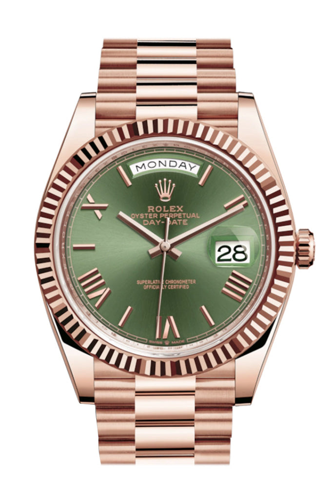 Rolex Day-Date 40 Olive Green Roman Dial Fluted Bezel 18K Everose Gold President Automatic Men’s