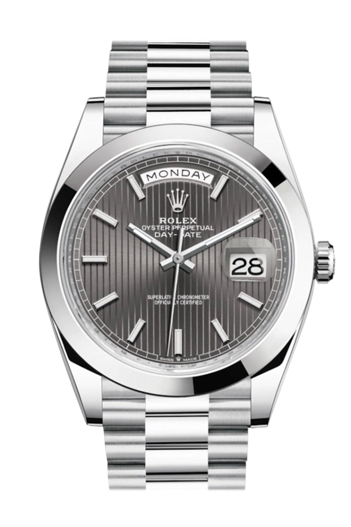 Rolex Day-Date 40 Dark Rhodium Stripe Motif Dial Dome Bezel Platinum President Automatic Men’s