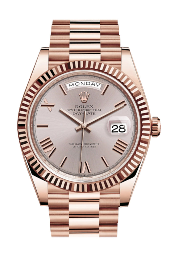 Rolex Day-Date 40 Sundust Roman Dial Fluted Bezel 18K Everose Gold President Automatic Men’s