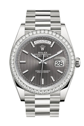 Rolex Day-Date 40 Dark Rhodium Stripe Motif Dial Diamond Bezel White Gold President Automatic