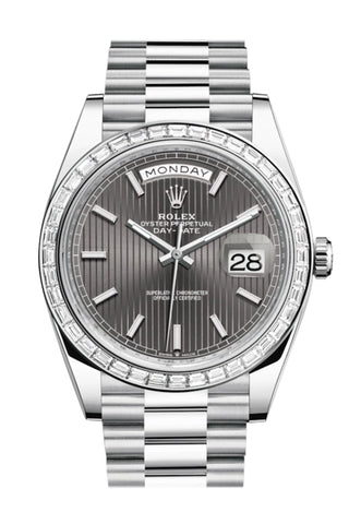 Rolex Day-Date 40 Dark Rhodium Stripe Motif Dial Baguette Diamond Bezel Platinum President