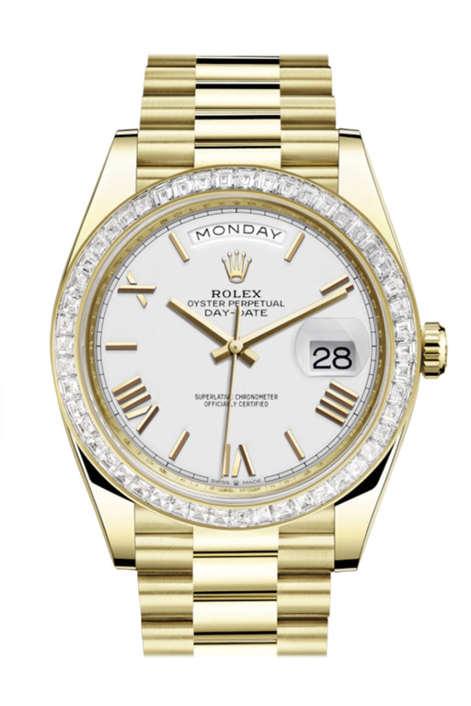 Rolex Day-Date 40 White Roman Dial Baguette Diamond Bezel 18K Yellow Gold President Automatic