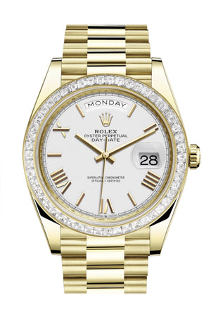 Rolex Day-Date 40 White Roman Dial 40 Baguette Diamond Bezel 18K Yellow Gold President Automatic Men's Watch 228398TBR  228398