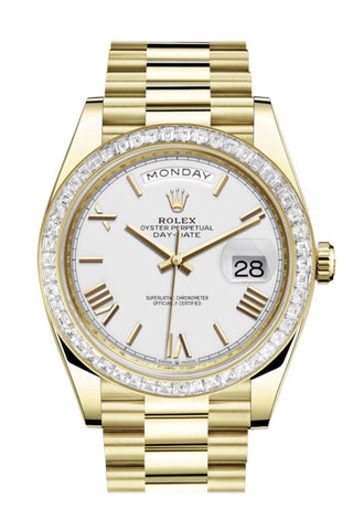 Rolex Day-Date 40 White Roman Dial Baguette Diamond Bezel 18K Yellow Gold President Automatic