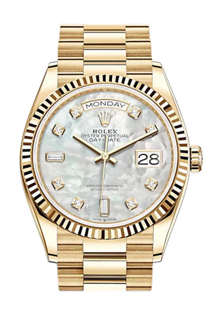 Rolex Day-Date 36 White Mother Of Pearl Diamond Dial 18K Yellow Gold Watch 128238