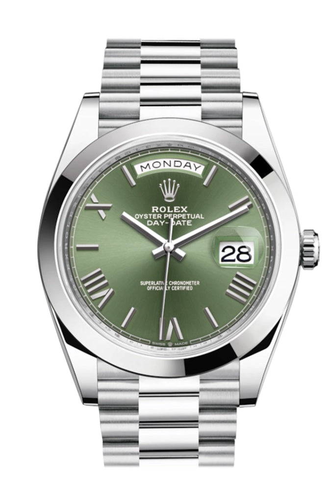 Rolex Day-Date 40 Olive Green Roman Dial Dome Bezel Platinum President Automatic Men’s Watch