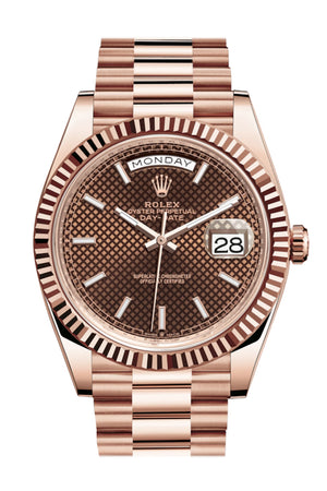 Rolex Day-Date 40 Chocolate Diagonal Motif Dial Fluted Bezel 18K Everose gold President Automatic Men's Watch 228235