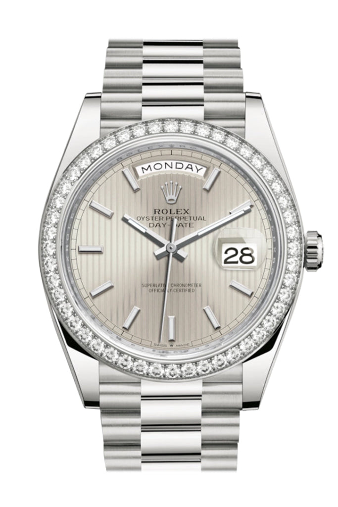 Rolex Day-Date 40 Silver Stripe Motif Dial Diamond Bezel White Gold President Automatic Men’s