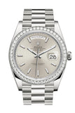Rolex Day-Date 40 Silver Stripe Motif Dial Diamond Bezel White Gold President Automatic Men's Watch 228349RBR DC