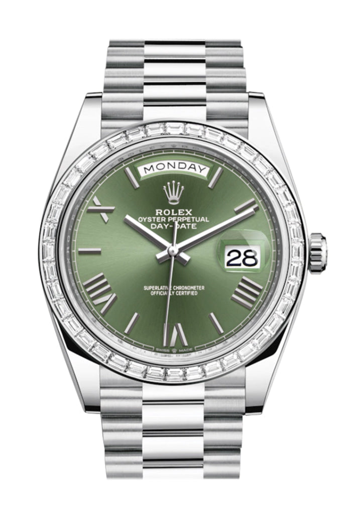 Rolex Day-Date 40 Olive Green Roman Dial Baguette Diamond Bezel Platinum President Automatic