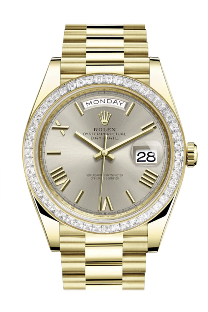 Rolex Day-Date 40 Silver Roman Dial Baguette Diamond Bezel 18K Yellow Gold President Automatic