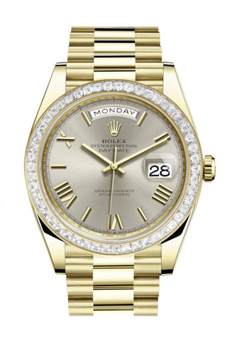 Rolex Day-Date 40 Silver Roman Dial Baguette Diamond Bezel 18K Yellow Gold President Automatic