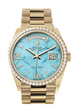 Rolex Day-Date 36 Turquoise Dial Gold Diamond Bezel Watch 128348Rbr-0037 128348Rbr