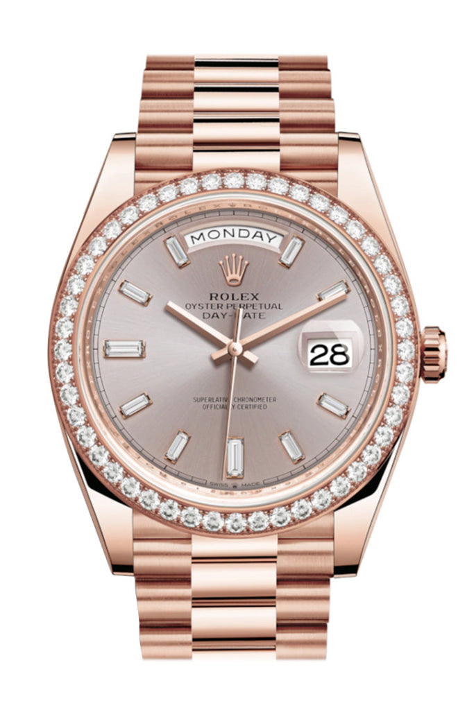 Rolex Day-Date 40 Sundust 10 Baguette-Cut Diamonds Dial 18K Everose 228345 President Men’s Watch