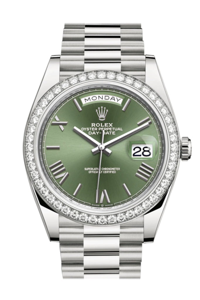 Rolex Day-Date 40 Olive Green Roman Dial Diamond Bezel White Gold President Automatic Men’s Watch