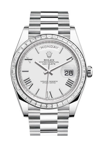 Rolex Day-Date 40 White Roman Dial Baguette Diamond Bezel Platinum President Automatic Men’s