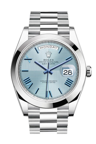 Rolex Day-Date 40 Ice Blue Quadrant Motif Dial Dome Bezel Platinum President Automatic Men’s