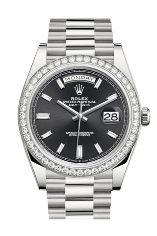 Rolex Day-Date 40 Black Baguette Diamond Dial Bezel White Gold President Automatic Men’s Watch