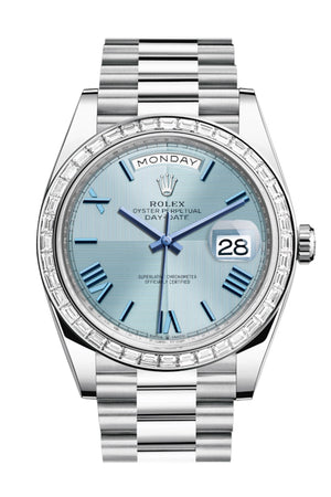 Rolex Day-Date 40 Ice Blue Quadrant Motif Dial 40 Baguette Diamond Bezel Platinum President Automatic Men's Watch 228396TBR DC