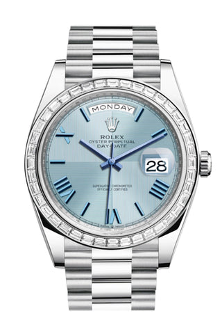 Rolex Day-Date 40 Ice Blue Quadrant Motif Dial Baguette Diamond Bezel Platinum President Automatic