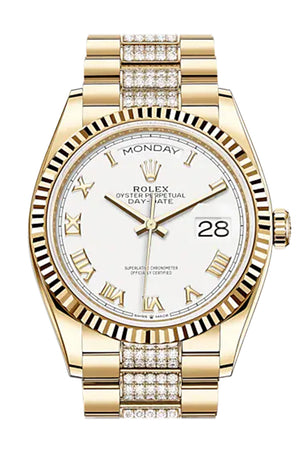 ROLEX Day-Date 36 White Roman Dial 18K Yellow Gold Watch Diamond set president Bracelet 128238
