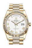 ROLEX Day-Date 36 White Roman Dial 18K Yellow Gold Watch Diamond set president Bracelet 128238 DC