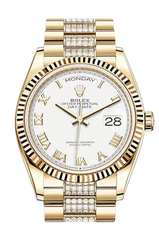 Rolex Day-Date 36 White Roman Dial 18K Yellow Gold Watch Diamond Set President Bracelet 128238 Dc