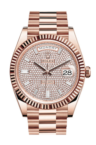 Rolex Day-Date 40 Pave Diamond 10 Baguette-Cut Fluted Dial Bezel 18K Everose Gold President