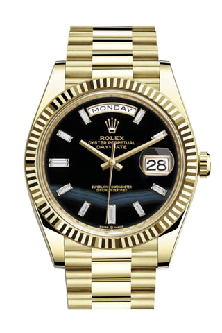 Rolex Day-Date 40 Onyx 10 Baguette Diamond Dial 18K Yellow Gold President Men’s Watch 228238