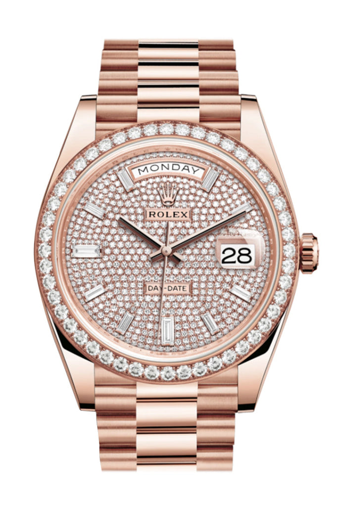 Rolex Day-Date 40 Pave Diamond 10 Baguette-Cut Diamonds Dial Bezel 18K Everose Gold President