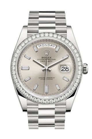 Rolex Day-Date 40 Silver Baguette Diamond Dial Bezel White Gold President Automatic Men’s Watch