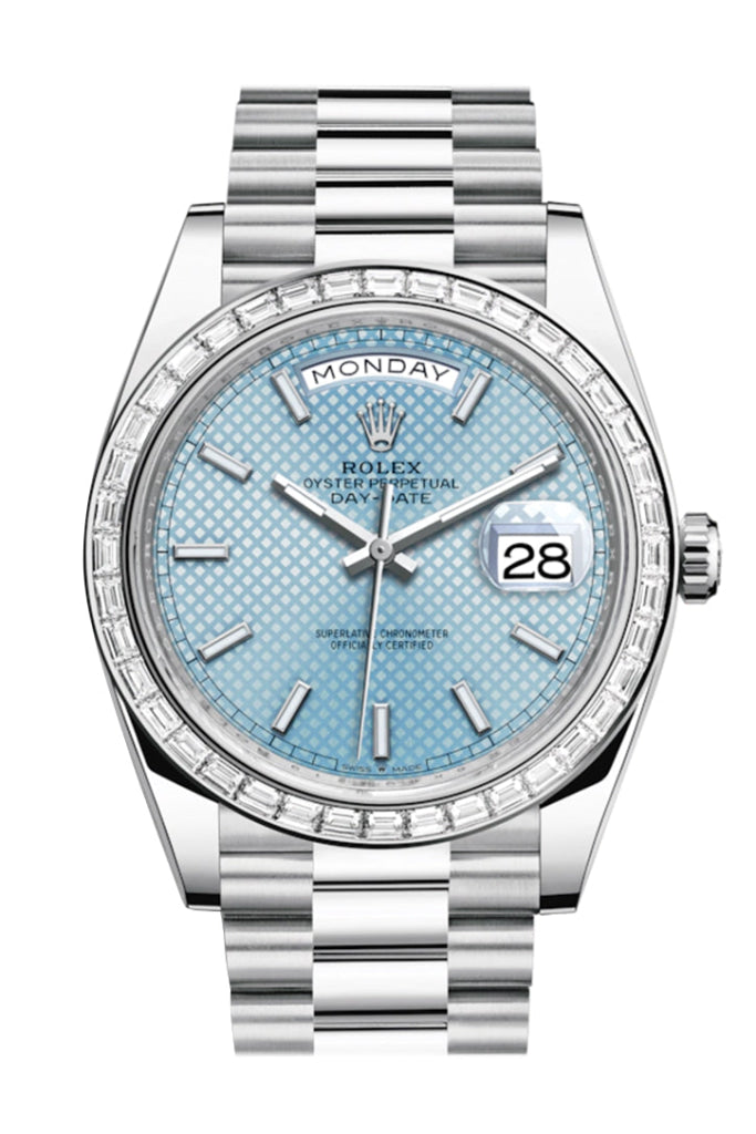 Rolex Day-Date 40 Ice Blue Diagonal Motif Roman Dial Baguette Diamond Bezel Platinum President