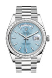 Rolex Day-Date 40 Ice Blue Diagonal Motif Roman Dial 40 Baguette Diamond Bezel Platinum President Automatic Men's Watch 228396TBR DC